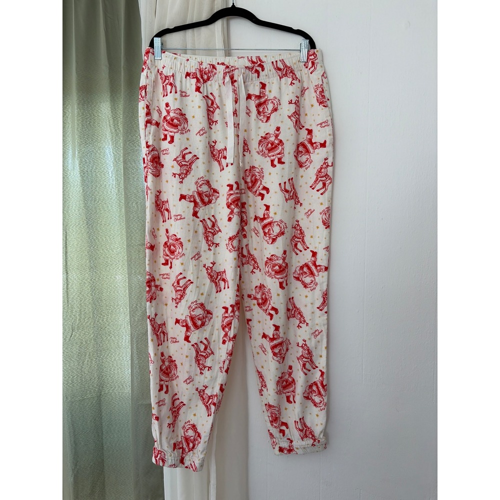Old Navy Pajama Pants Womens Large White Red Santa Reindeer Flannel Christmas